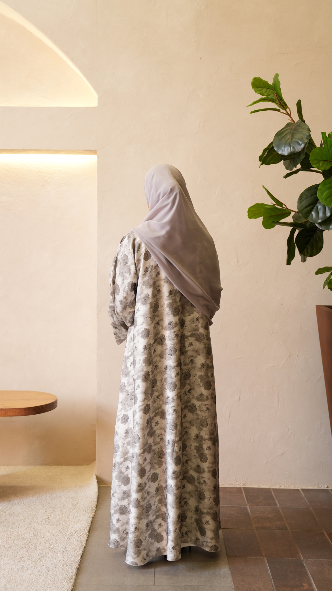 Satin Floral Printed Abaya - Subtle Grey
