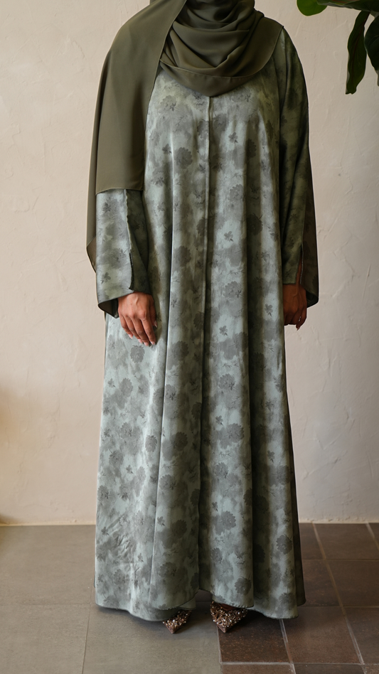 Satin Floral Printed Abaya - Muted Sage