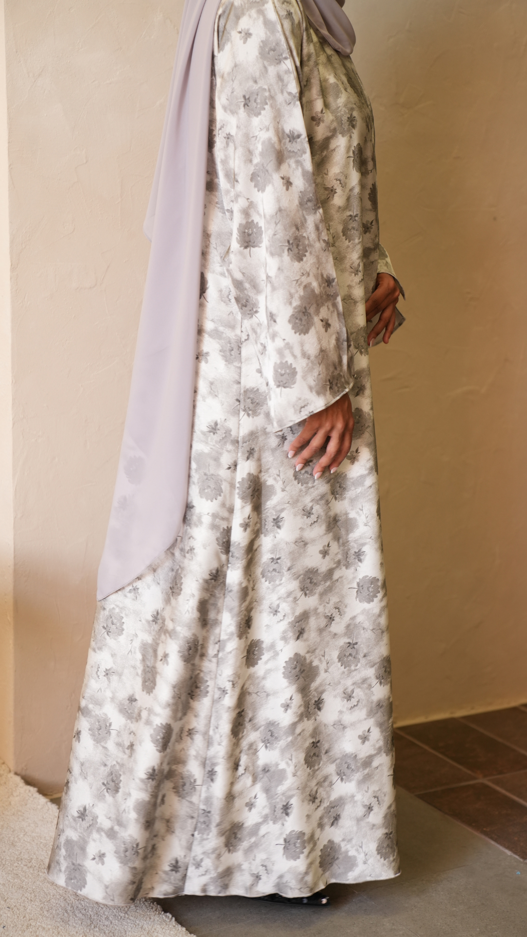 Satin Floral Printed Abaya - Subtle Grey